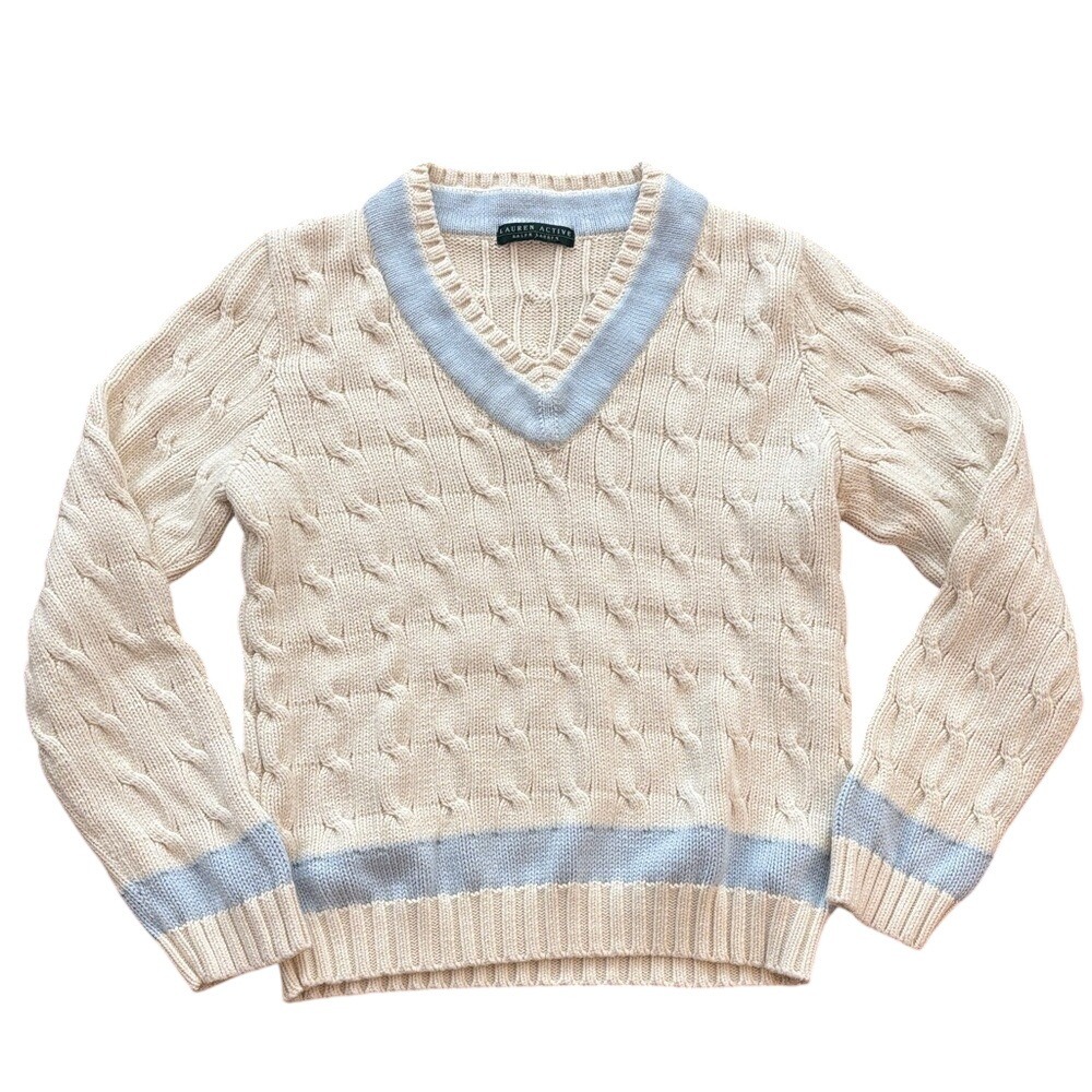 Ralph Lauren Chunky Tennis Cricket Cable Knit Cream Blue Sweater Women's Medium
